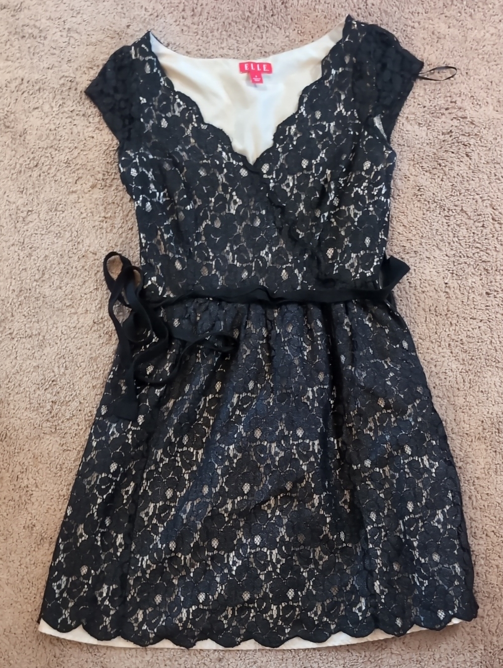 ELLE Black Lace Overlay Dress with Cream Lining
